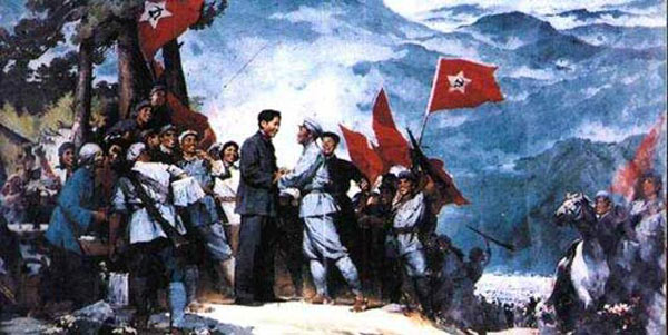 1927年10月，毛泽东、朱德、陈毅、彭德怀、滕代远等老一辈无产阶级革命家率领中国工农红军来到宁冈井冈山，创建以宁冈县为中心中国第一个农村革命根据地。图为工农革命军在宁冈会师。.jpg